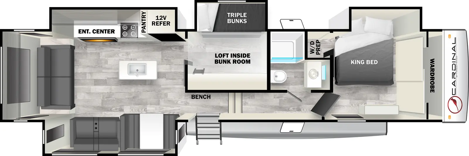 The 36MB has four slideouts and one entry. Interior layout front to back: front wardrobe, off-door side king bed slideout, and closet with washer/dryer prep; off-door side full bathroom; steps down to entry and bench; mid room with triple bunk slideout, and a loft inside the bunk room; off-door side slideout with 12V refrigerator, pantry, cooktop, and entertainment center; kitchen island with sink; door side slideout with dinette and seating; rear seating.